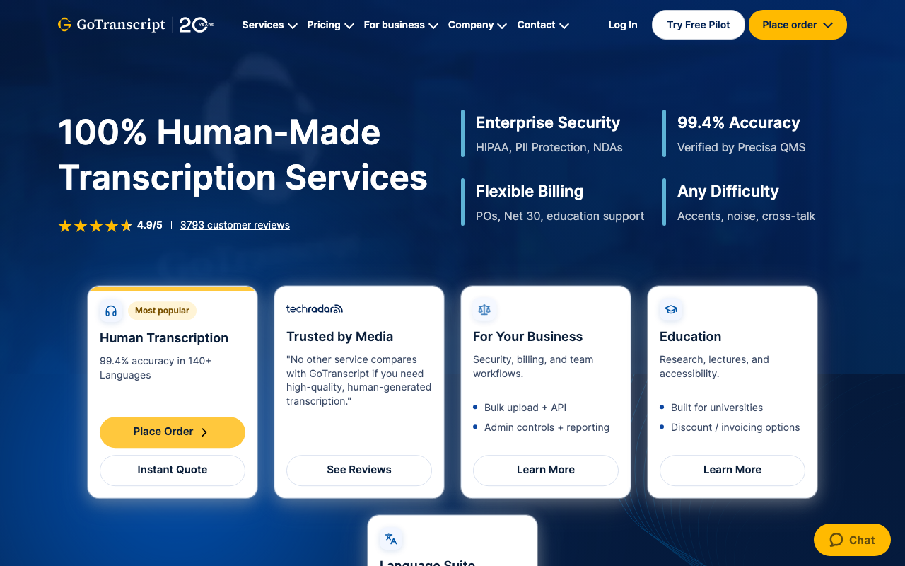 GoTranscript homepage screenshot