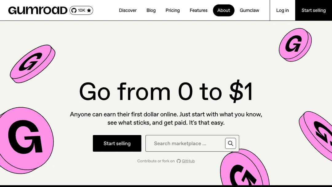 Gumroad homepage saying Go from 0 to $1