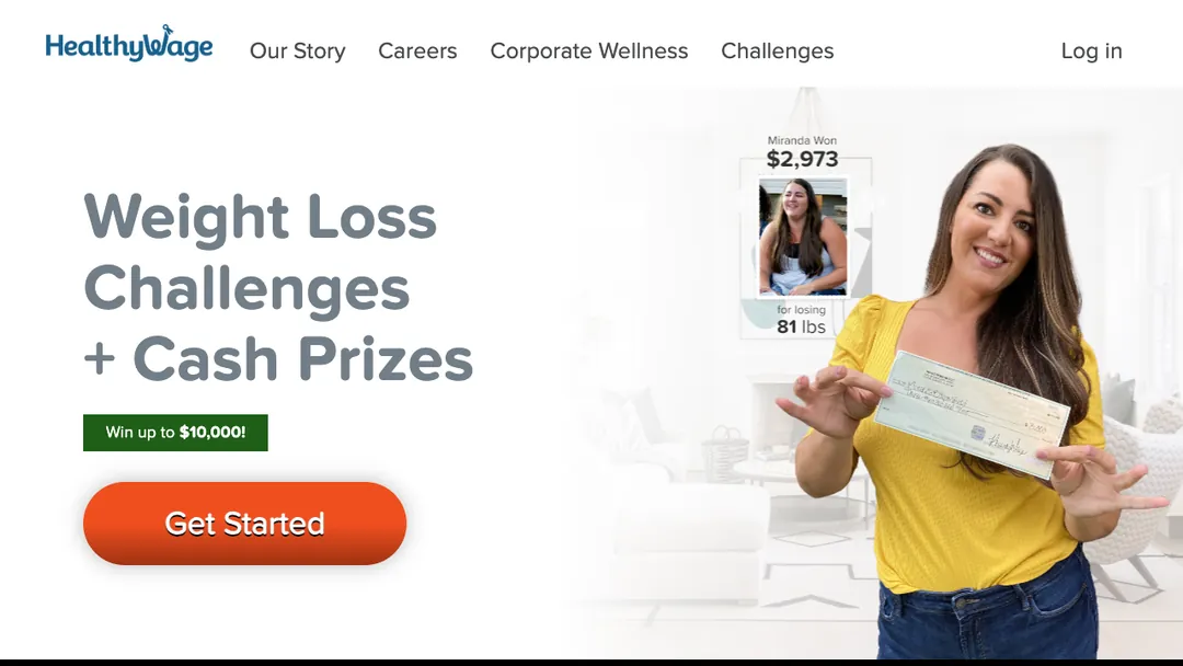 HealthyWage homepage advertising weight loss challenges with cash prizes up to $10,000
