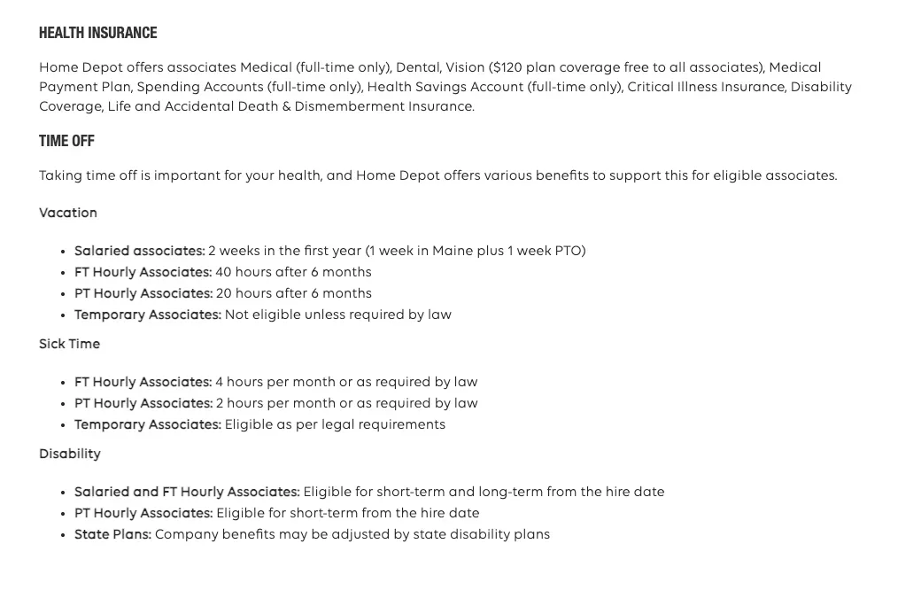 Home Depot benefits page listing medical for full-time only, a free $120 vision plan, part-time vacation and sick time, and short-term disability from the hire date