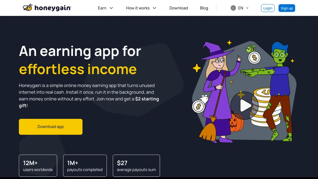 Honeygain homepage saying An earning app for effortless income