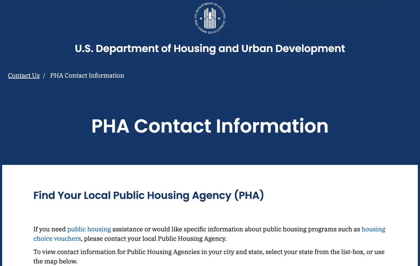 HUD's PHA Contact Information page for finding your local public housing agency
