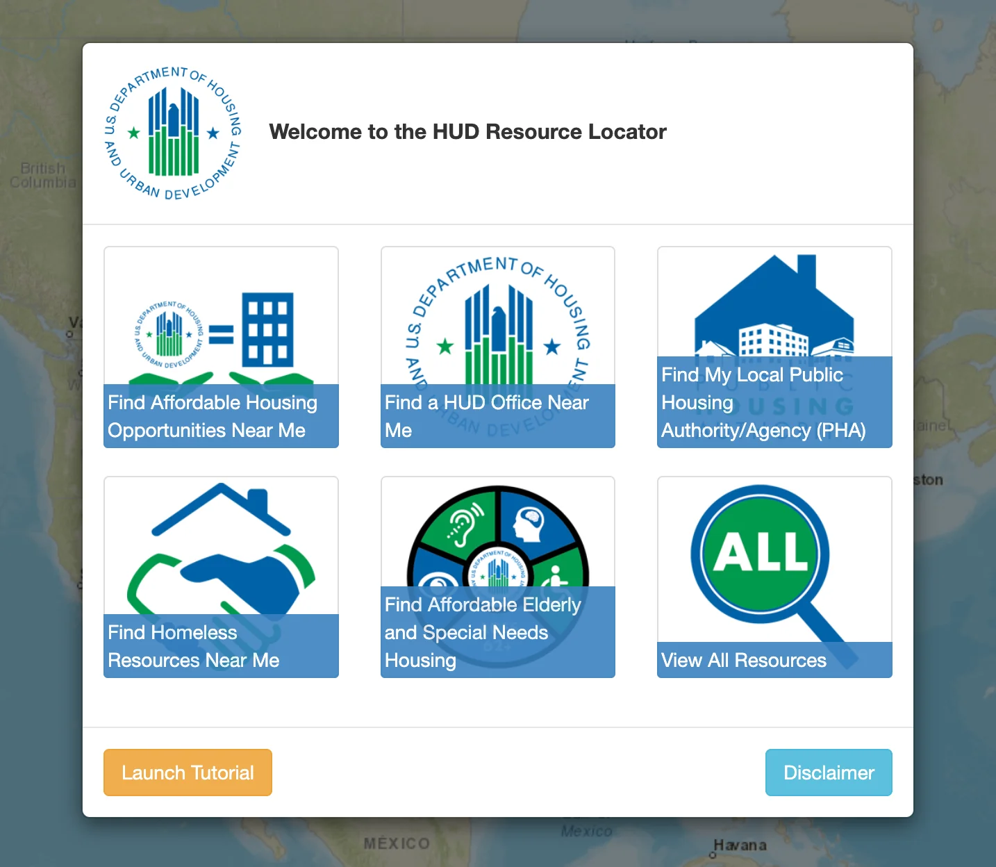 HUD Resource Locator welcome screen with buttons to find affordable housing and your local public housing agency