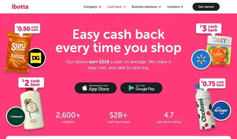 Ibotta homepage saying its savers earn $218 a year on average in cash back