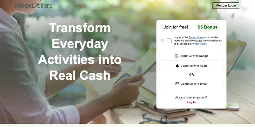InboxDollars homepage with a free sign-up box and a $5 bonus