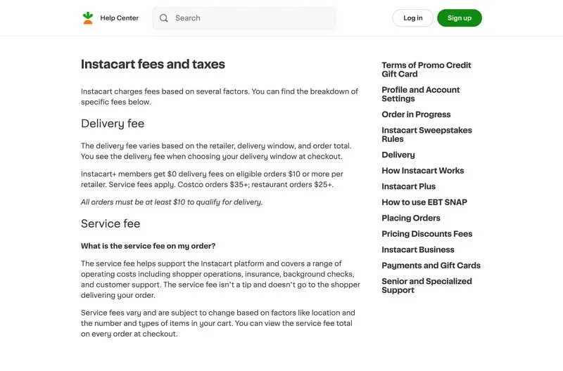 Instacart help article explaining delivery and service fees
