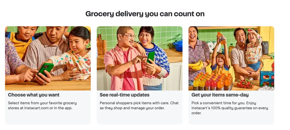 Instacart homepage section saying personal shoppers pick items with care while you chat and manage your order
