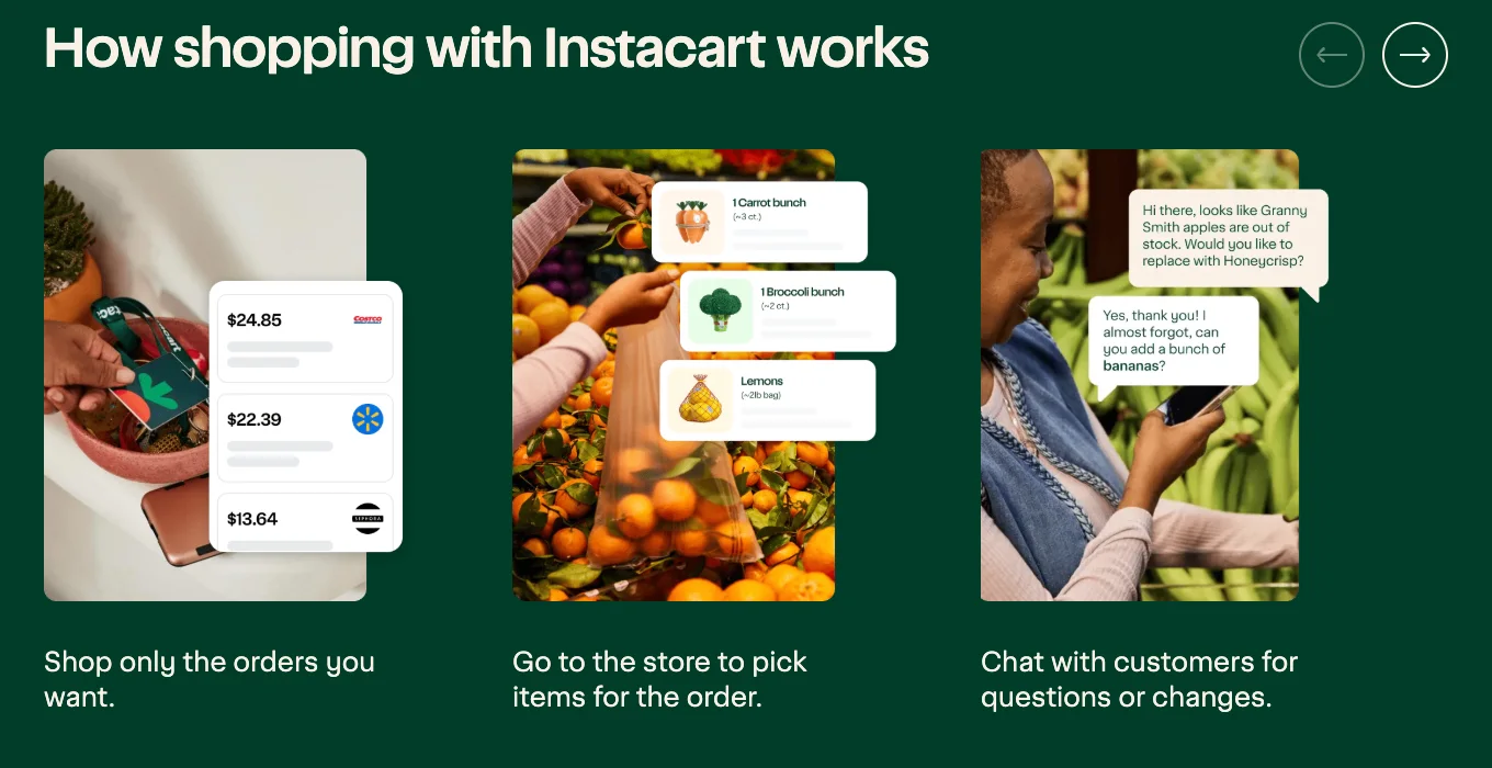 Instacart shopper page: shop only the orders you want, go to the store to pick items, chat with customers about changes
