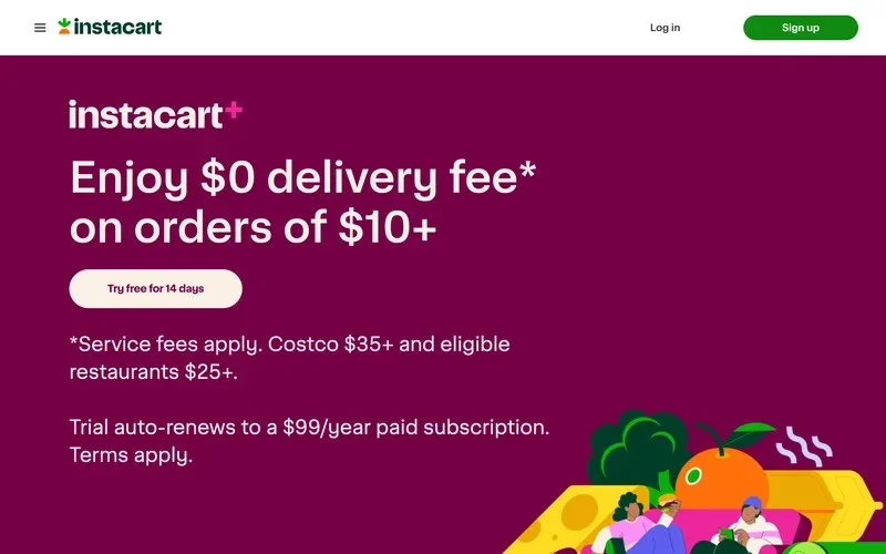 Instacart+ page offering $0 delivery fees on orders of $10 or more, renewing at $99 a year after a 14-day trial