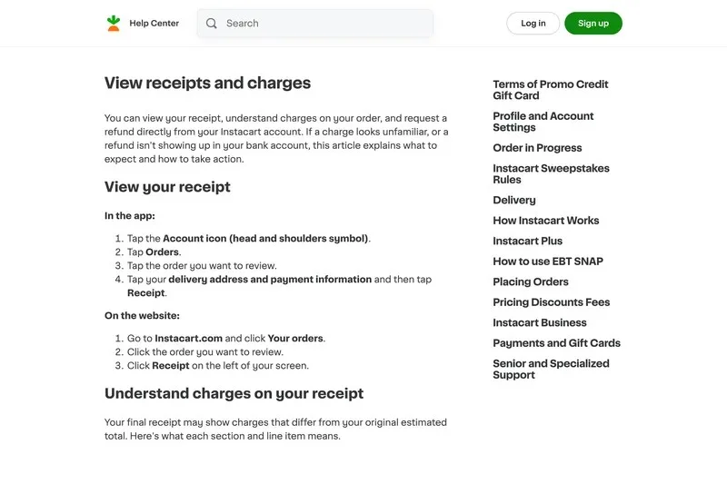 Instacart help page on viewing receipts and charges