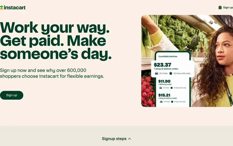 Instacart shopper signup page saying over 600,000 shoppers choose Instacart