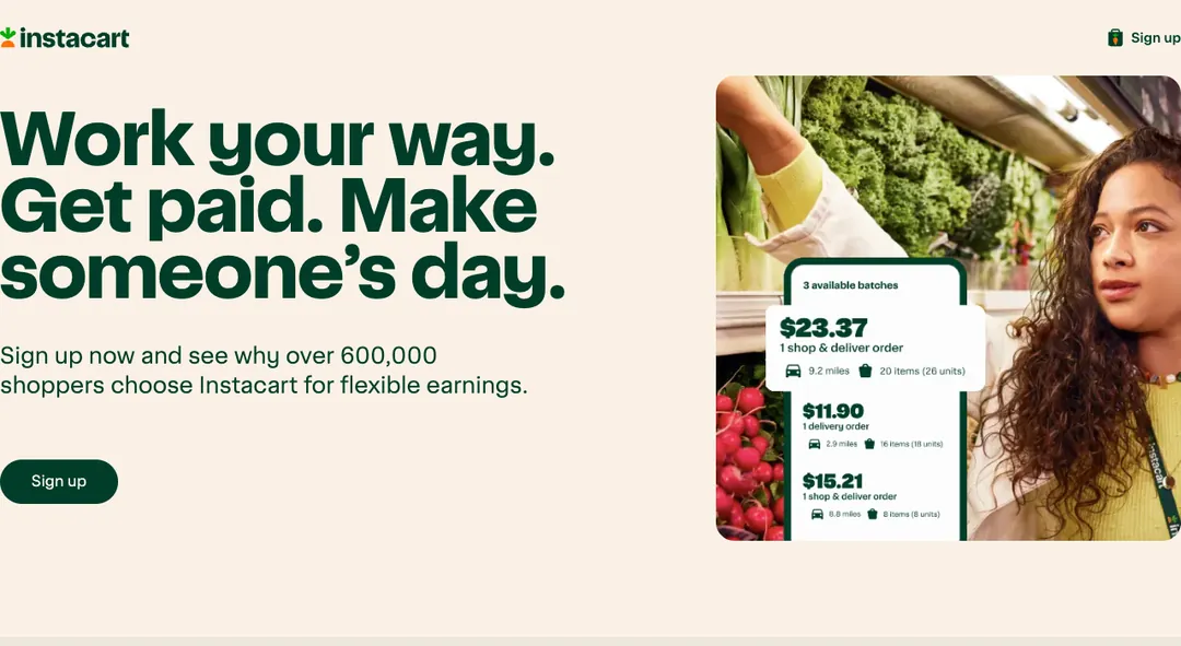 Instacart Shoppers page saying Work your way, with sample batch earnings