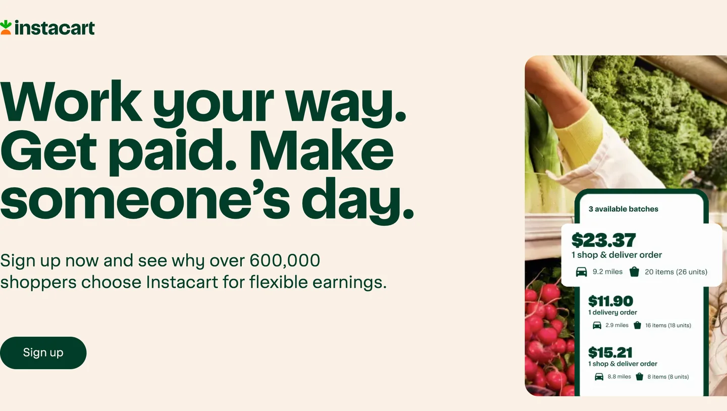 Instacart Shoppers sign-up page with example payouts for shop and deliver orders