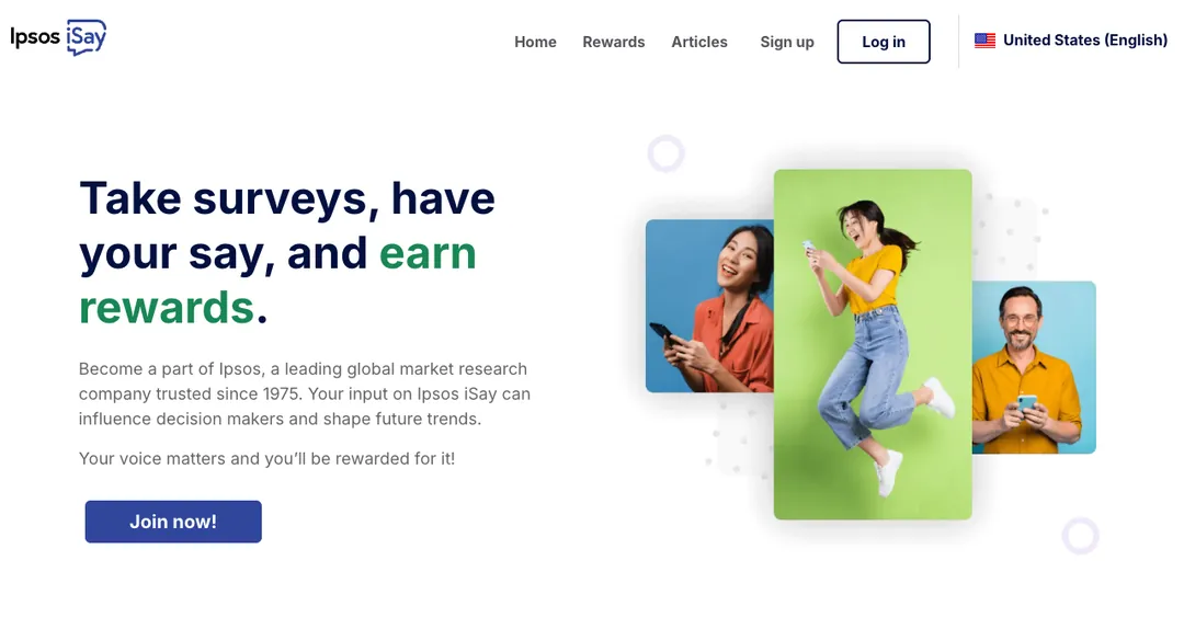 Ipsos iSay US homepage saying Take surveys, have your say, and earn rewards