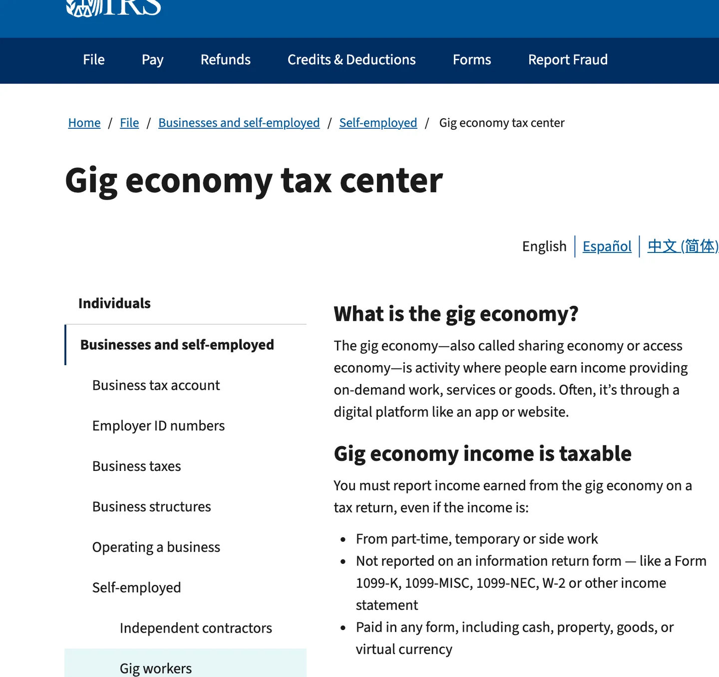 IRS Gig Economy Tax Center page explaining that gig economy income is taxable