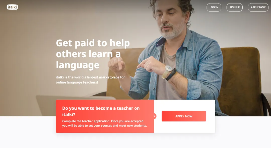 italki teach page saying Get paid to help others learn a language