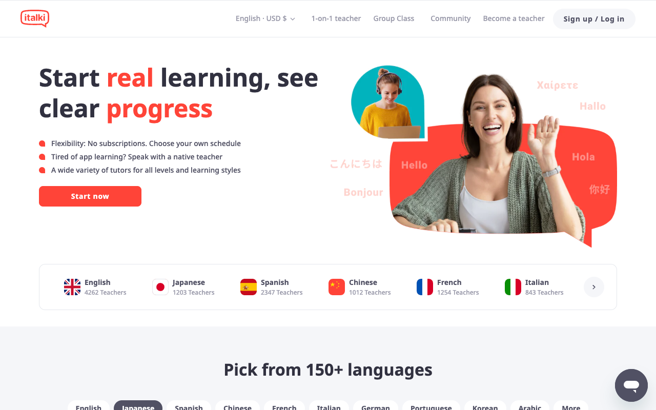 italki homepage for teaching language lessons over video