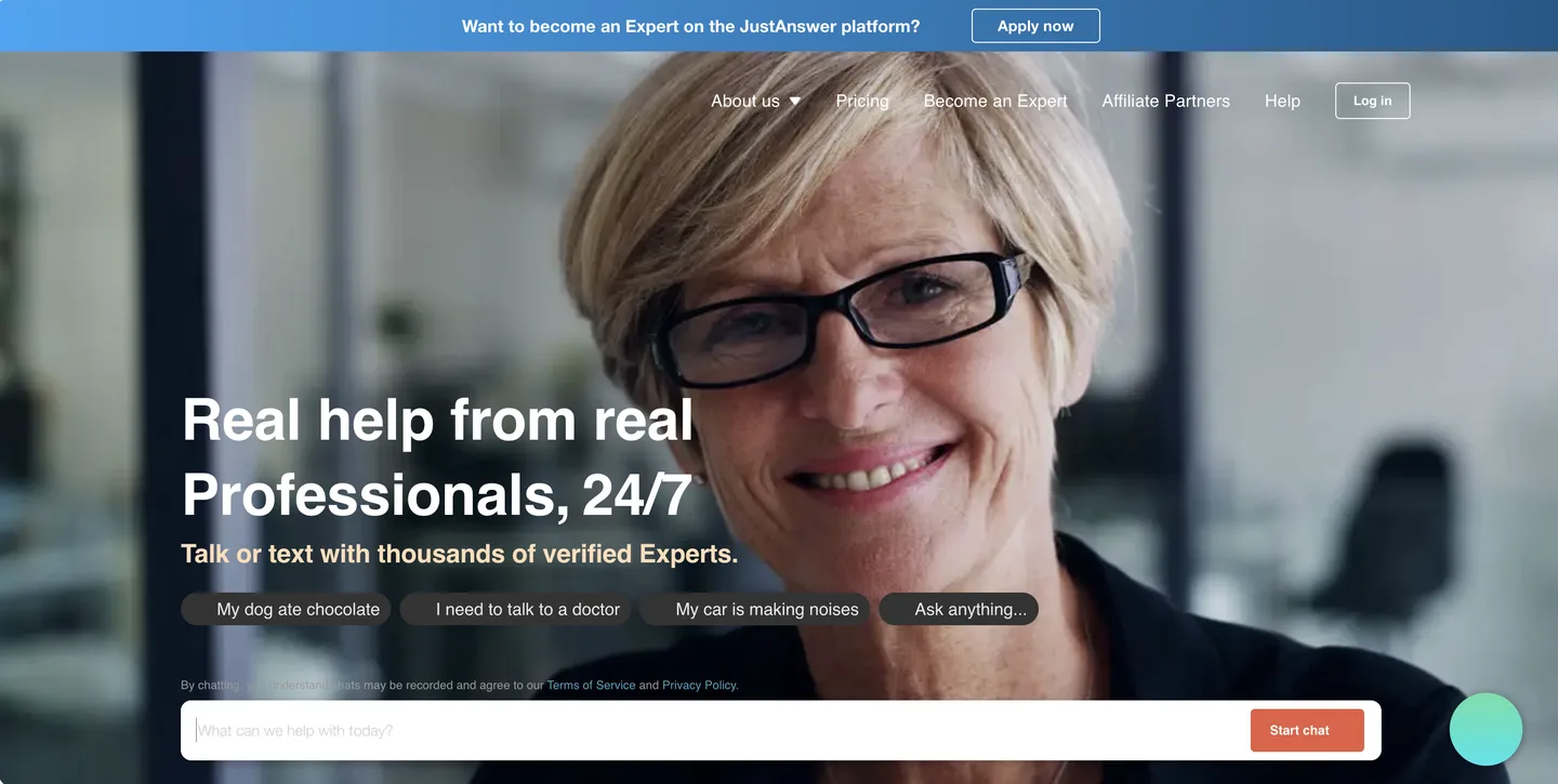 JustAnswer homepage with a banner inviting experts to apply