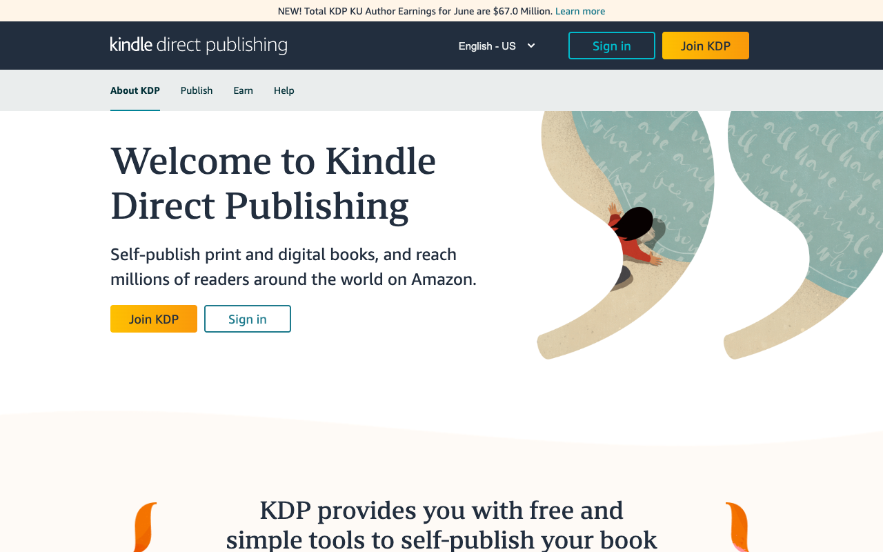 Amazon Kindle Direct Publishing page for self publishing a short ebook