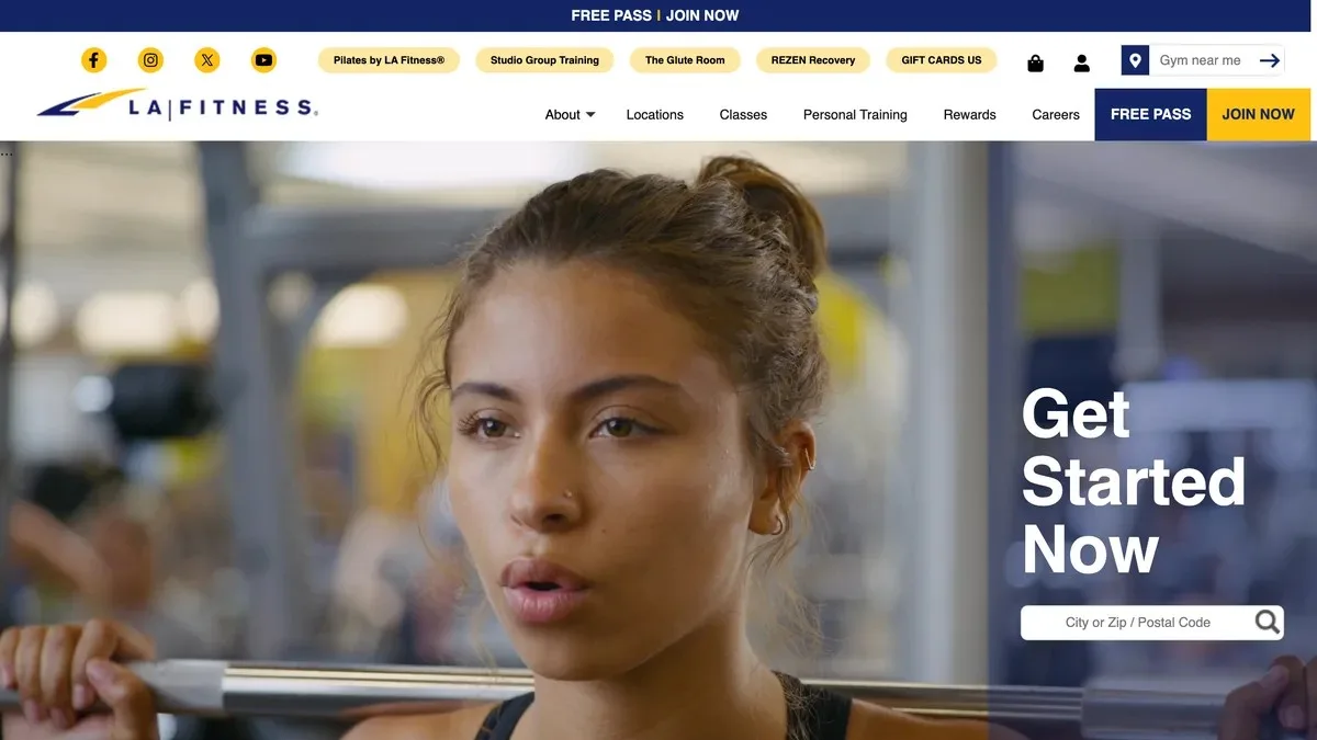 LA Fitness homepage with Free Pass and Join Now buttons