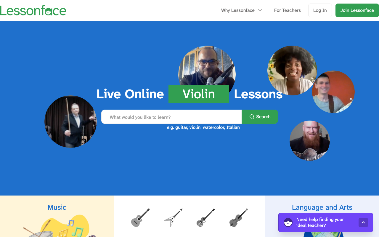 Lessonface page for booking live online music lessons