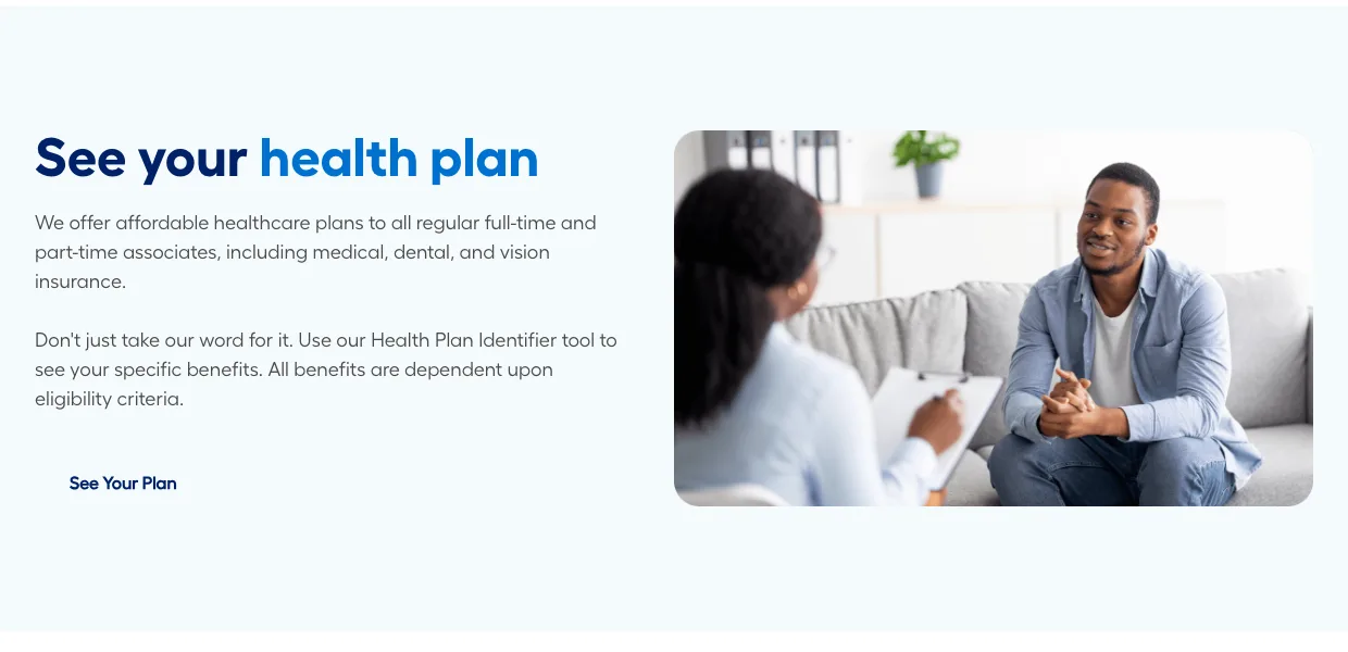 Lowe's careers page saying it offers affordable healthcare plans to all regular full-time and part-time associates