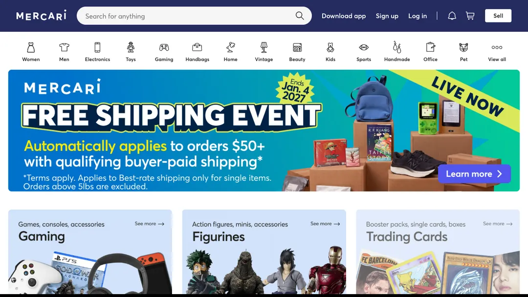 Mercari homepage with its search bar, shopping categories and a free shipping promotion