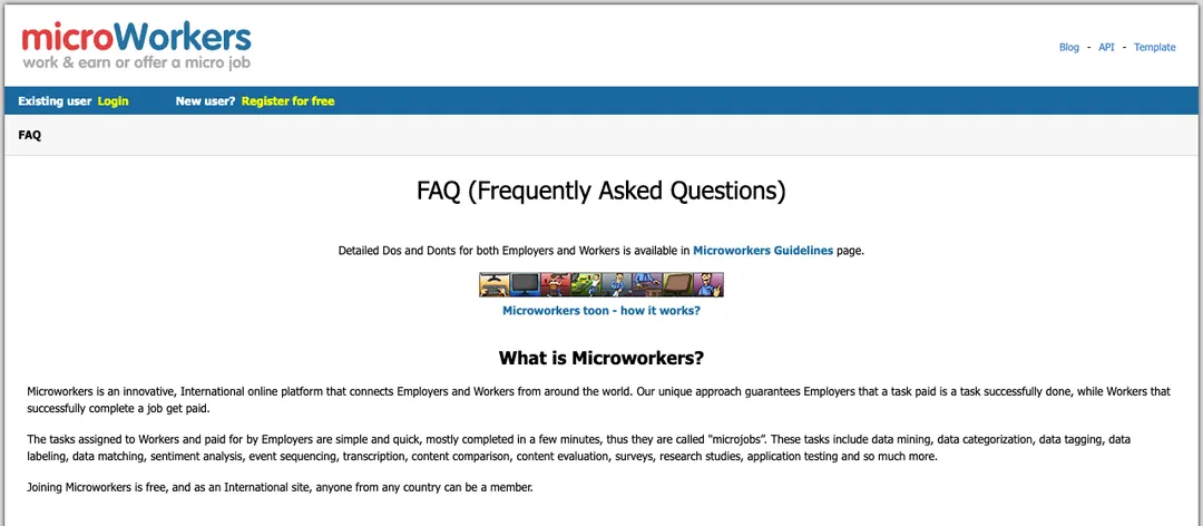 Microworkers FAQ page explaining what Microworkers is and how its microjobs work