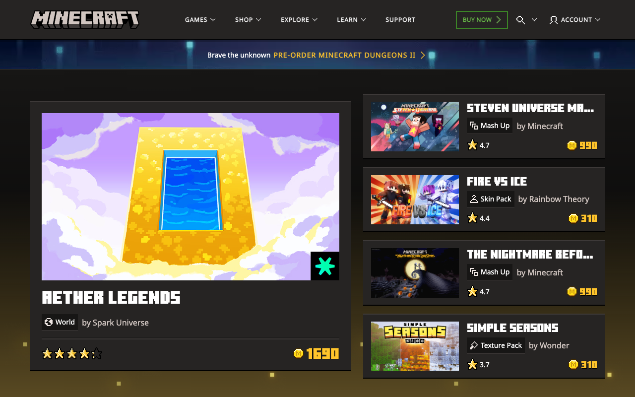 Minecraft Marketplace where creators sell skins and maps