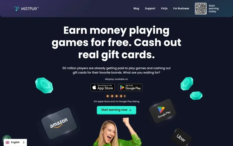 Mistplay homepage offering gift cards for playing mobile games