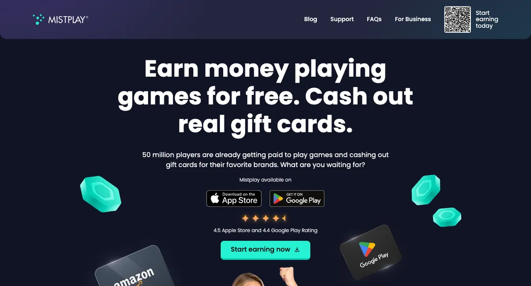 Mistplay homepage saying Earn money playing games for free and cash out real gift cards