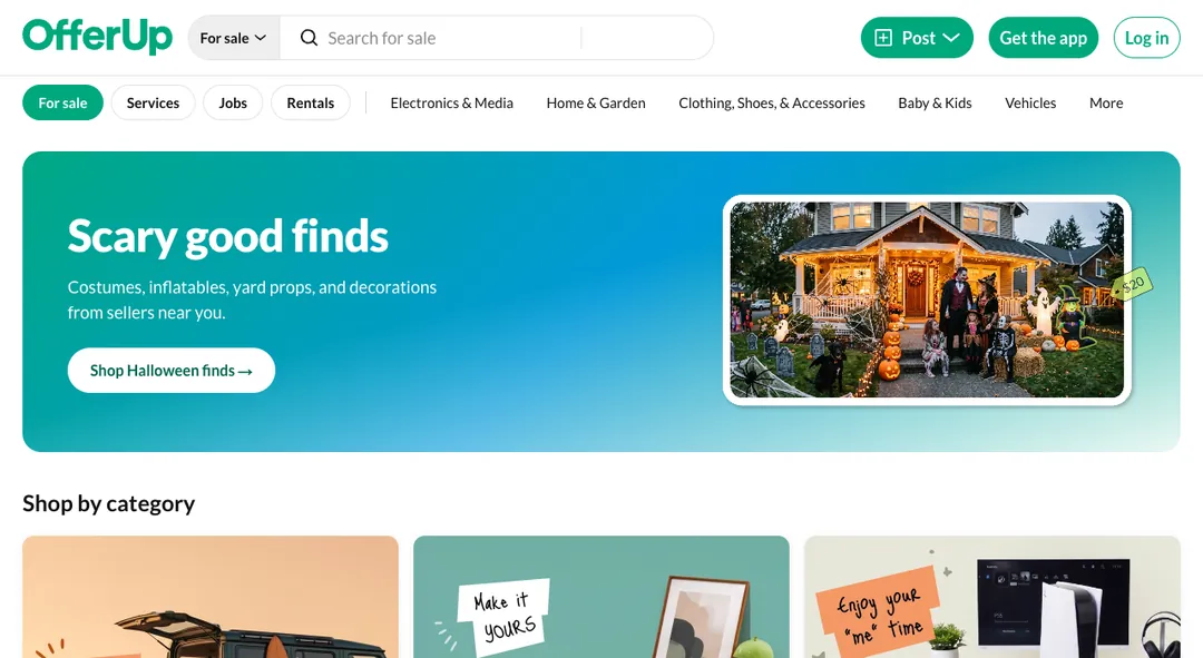 OfferUp homepage with local items for sale and shopping categories