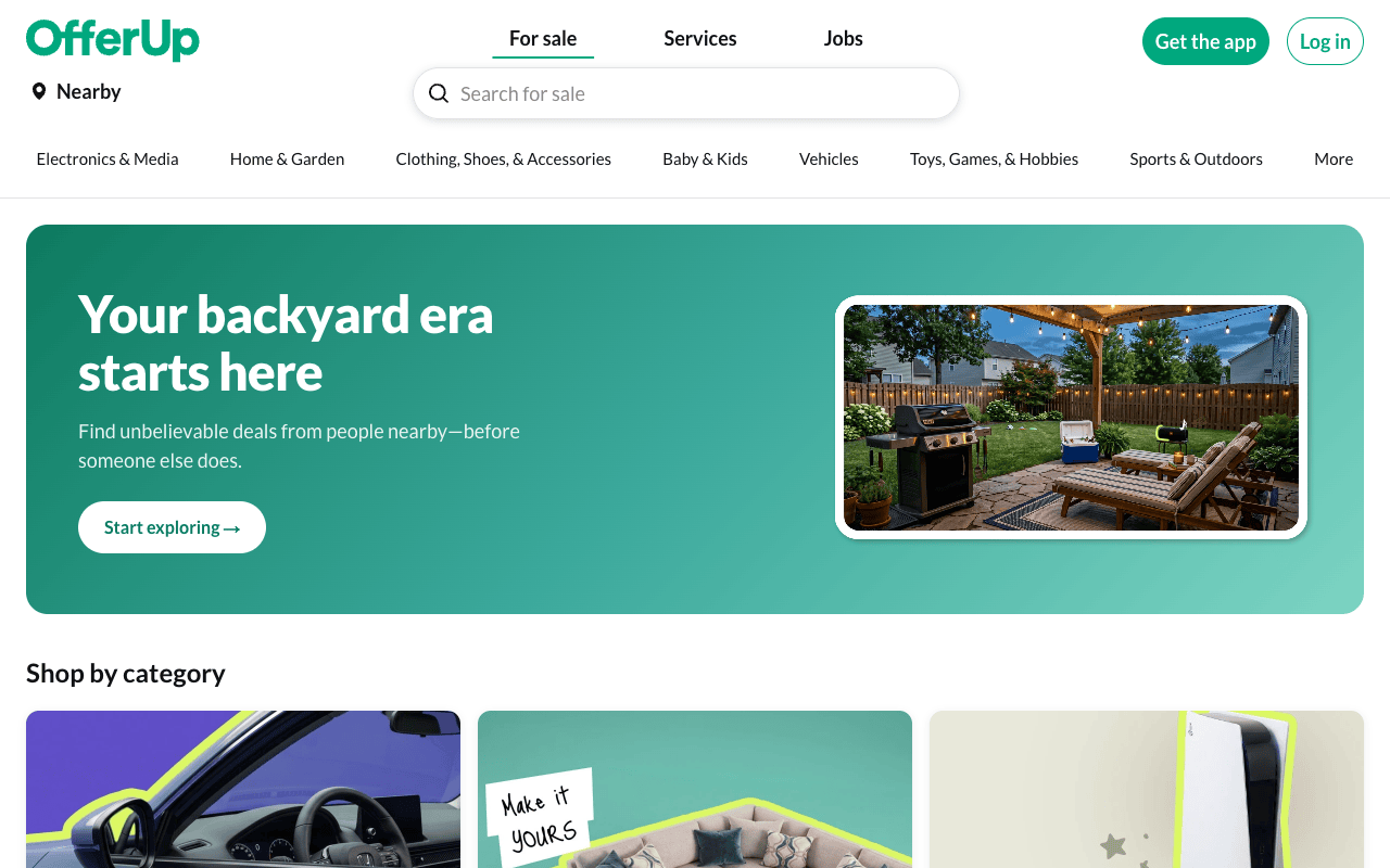 OfferUp homepage showing local buy and sell categories for furniture, electronics, and home goods