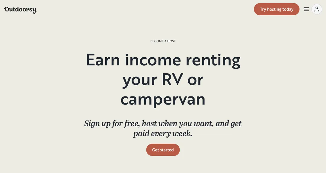 Outdoorsy host page saying Earn income renting your RV or campervan