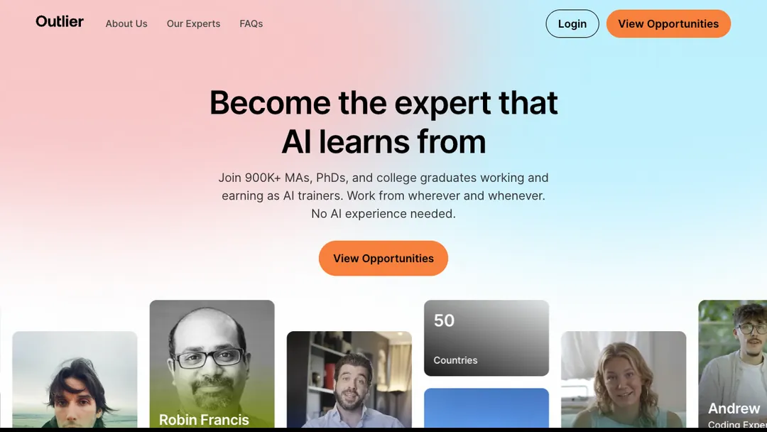 Outlier homepage saying Become the expert that AI learns from, with a View Opportunities button