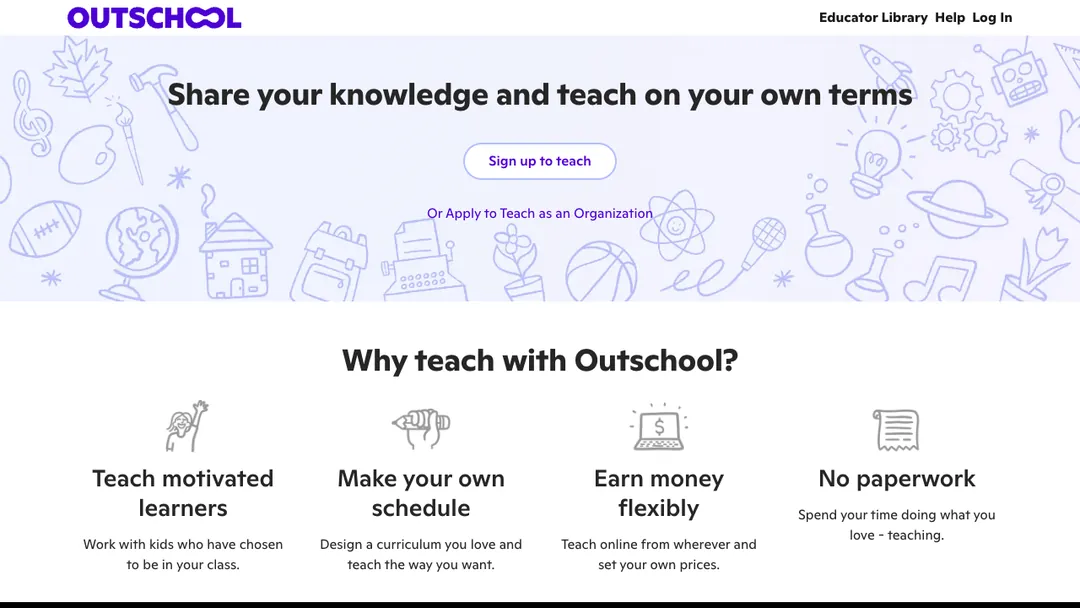 Outschool teach page saying Share your knowledge and teach on your own terms