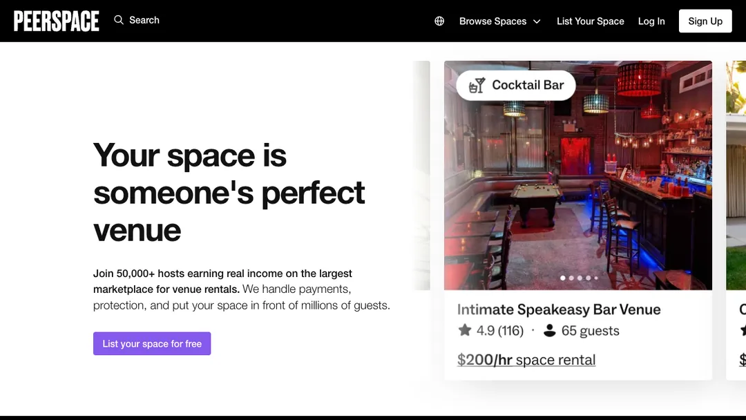 Peerspace host page saying Your space is someone's perfect venue