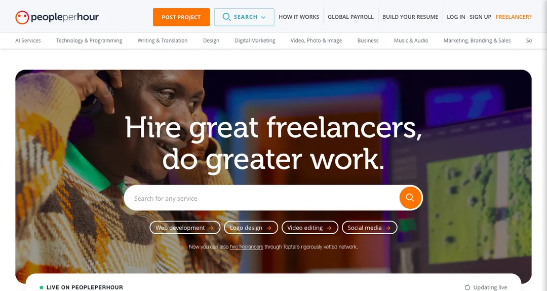 PeoplePerHour homepage with a freelancer search box
