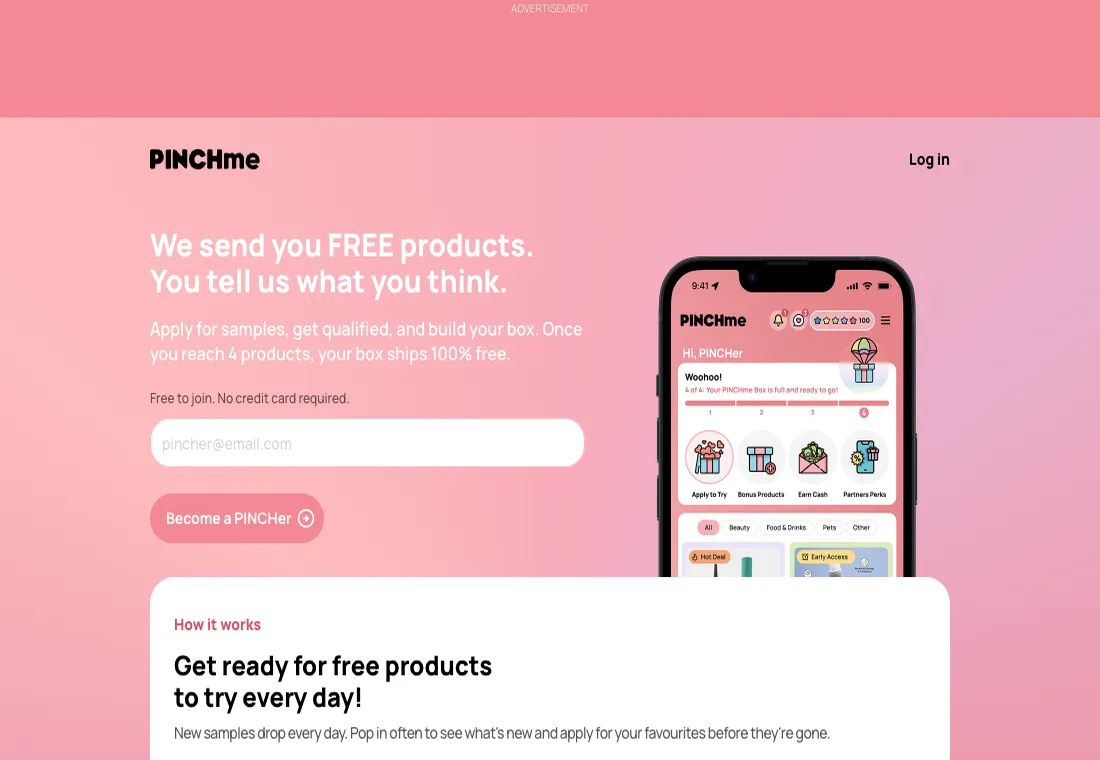 PINCHme homepage for free product samples by mail