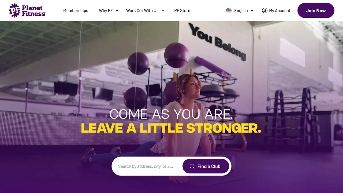 Planet Fitness homepage with a Find a Club search box