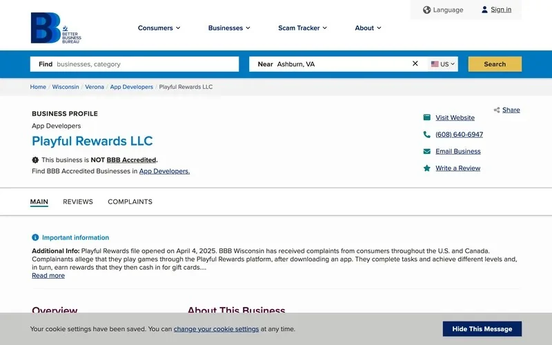 Better Business Bureau business profile for Playful Rewards LLC