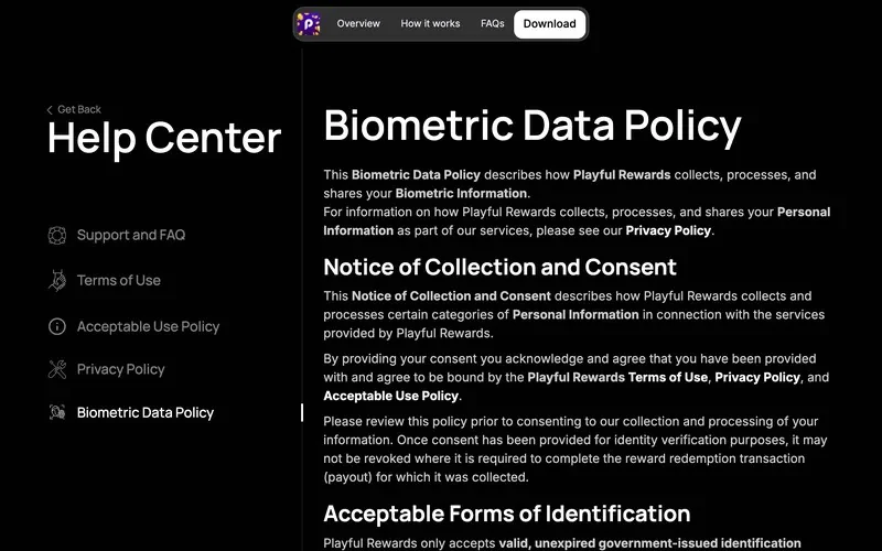 Playful Rewards Biometric Data Policy page about identity verification