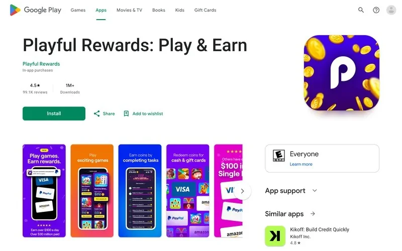Playful Rewards Google Play listing with 4.5 stars, 1M+ downloads and Visa, PayPal and Amazon reward cards