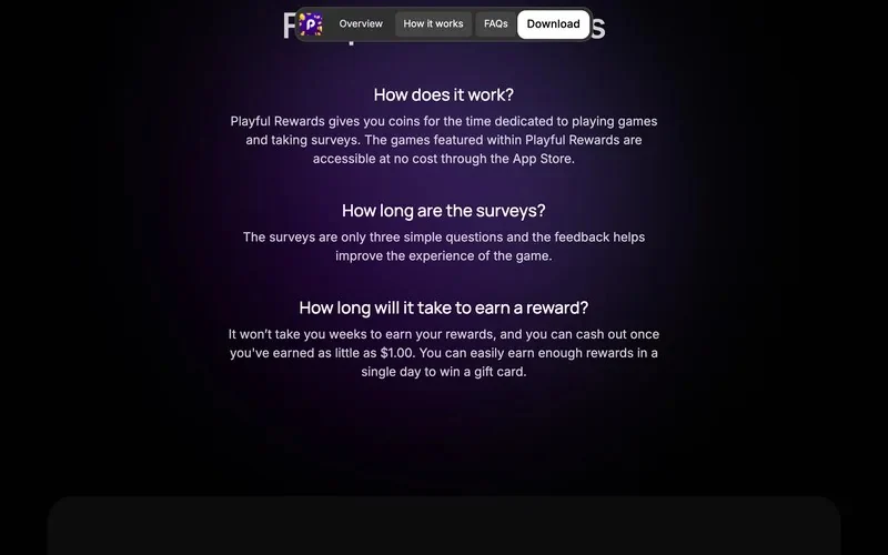 Playful Rewards homepage FAQ saying you can cash out once you've earned as little as $1.00