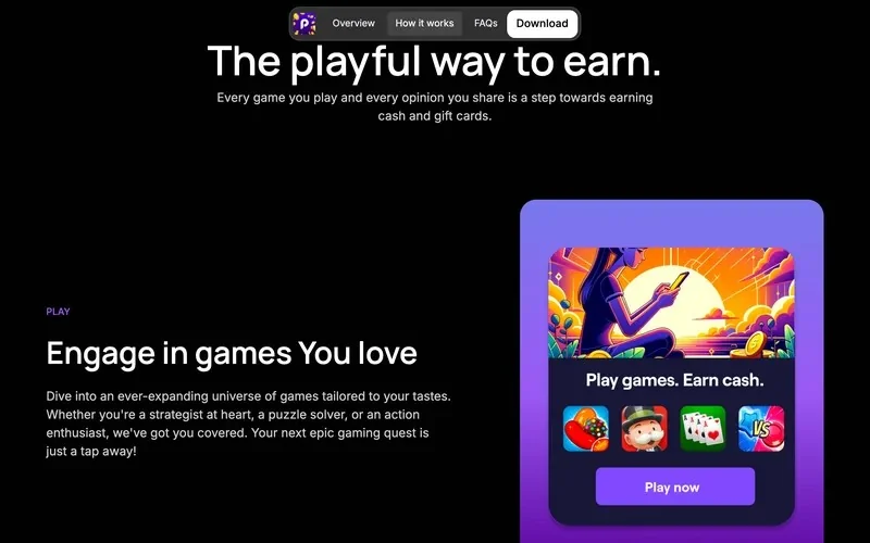 Playful Rewards homepage section explaining how you play games to earn