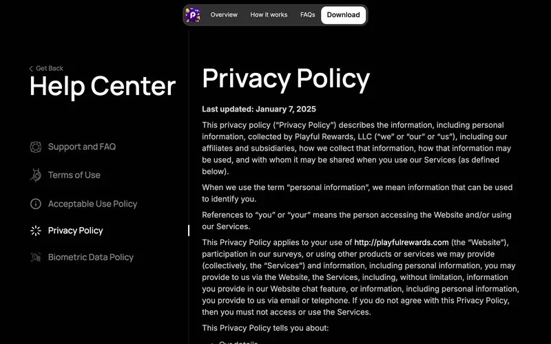 Playful Rewards privacy policy page last updated January 7, 2025