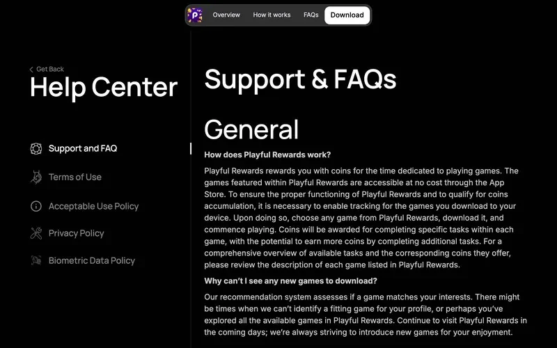 Playful Rewards Support and FAQs help center page