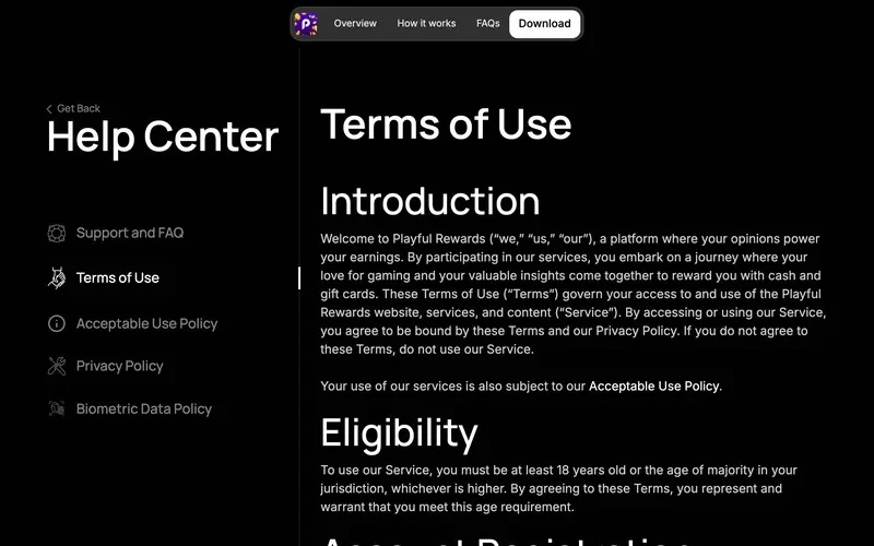 Playful Rewards Terms of Use page with its eligibility rules