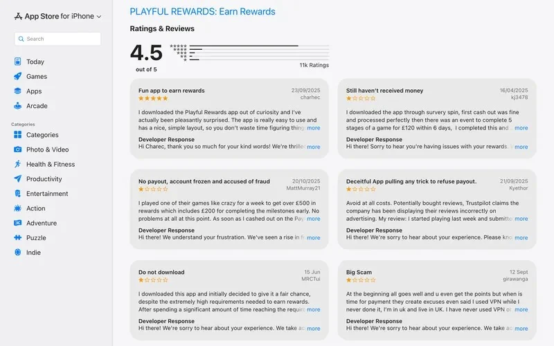 Playful Rewards UK App Store ratings page showing 4.5 out of 5 from 11k ratings