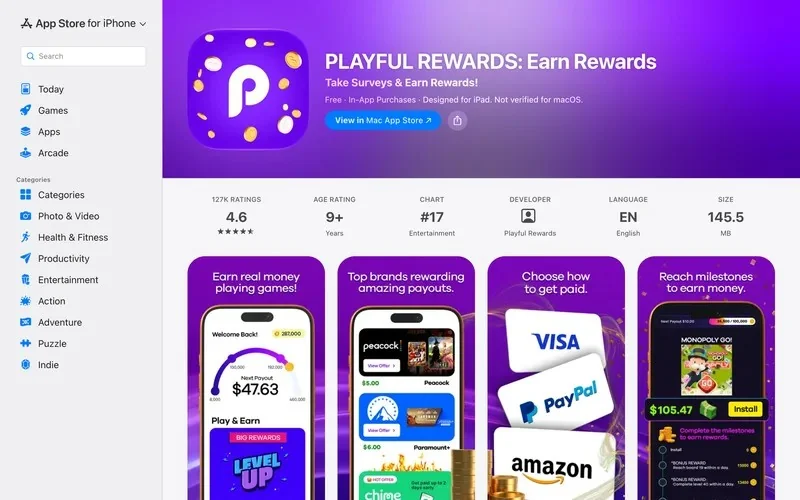 Playful Rewards US App Store listing marked Free with In-App Purchases